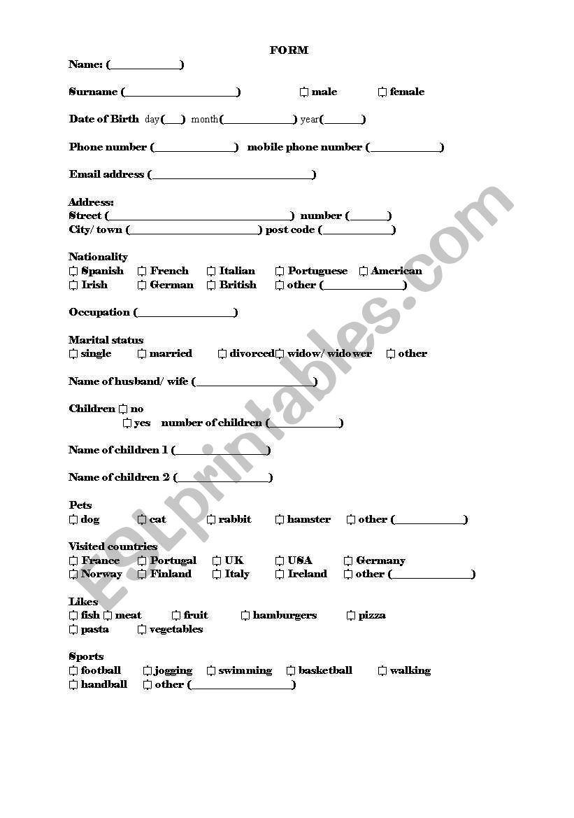 Speaking activity. Fill in a form