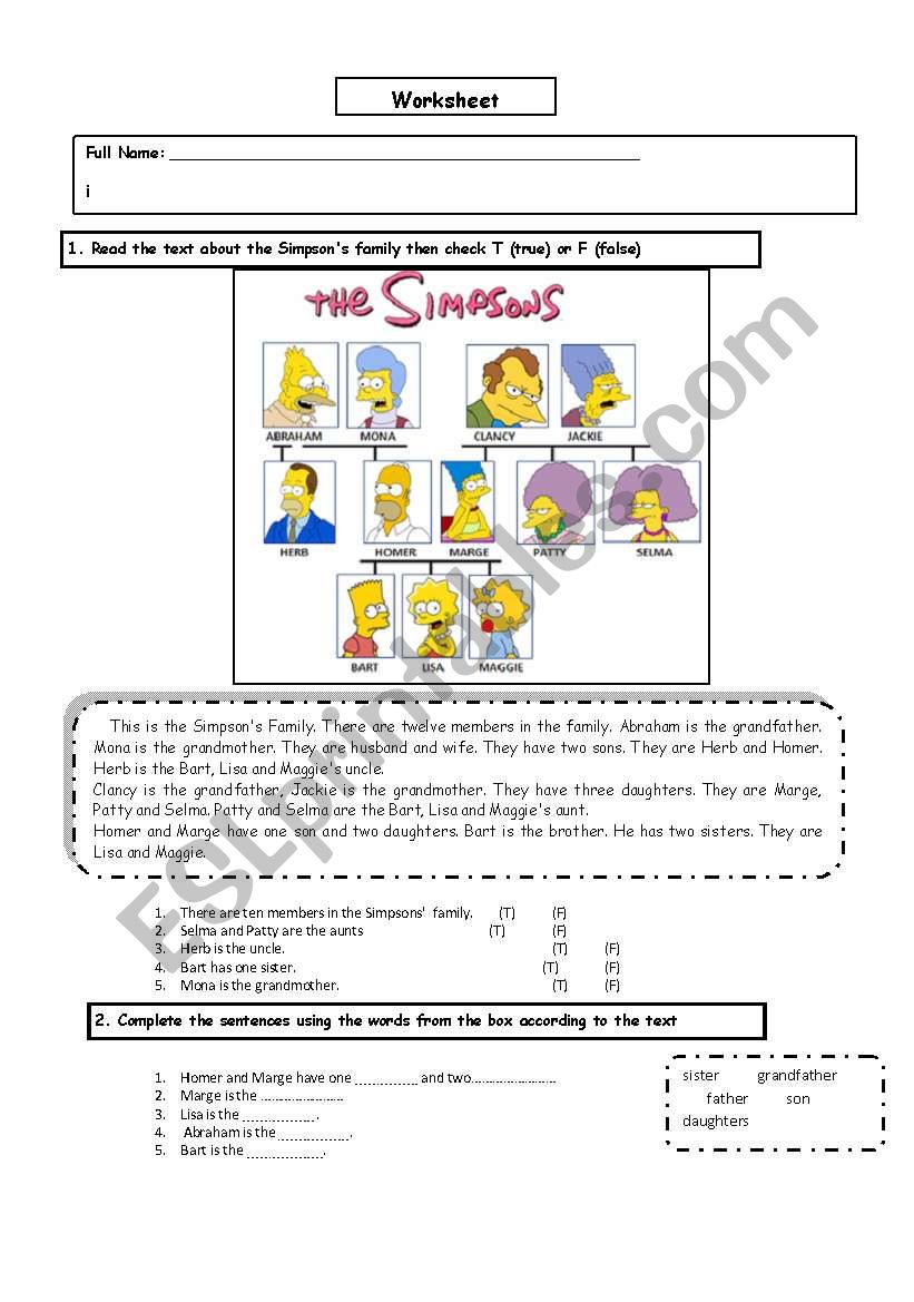 family members worksheet