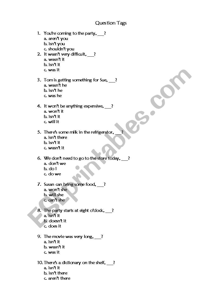 Tag questions worksheet