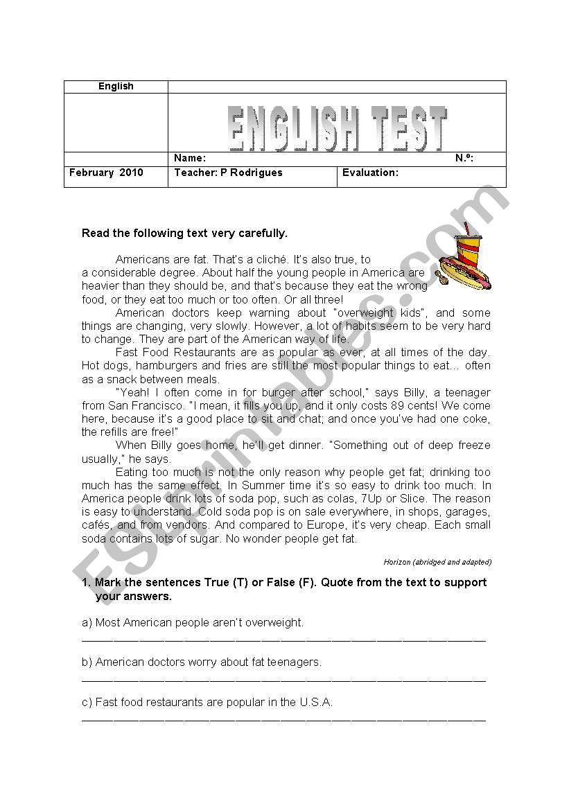 Fast Food Test worksheet