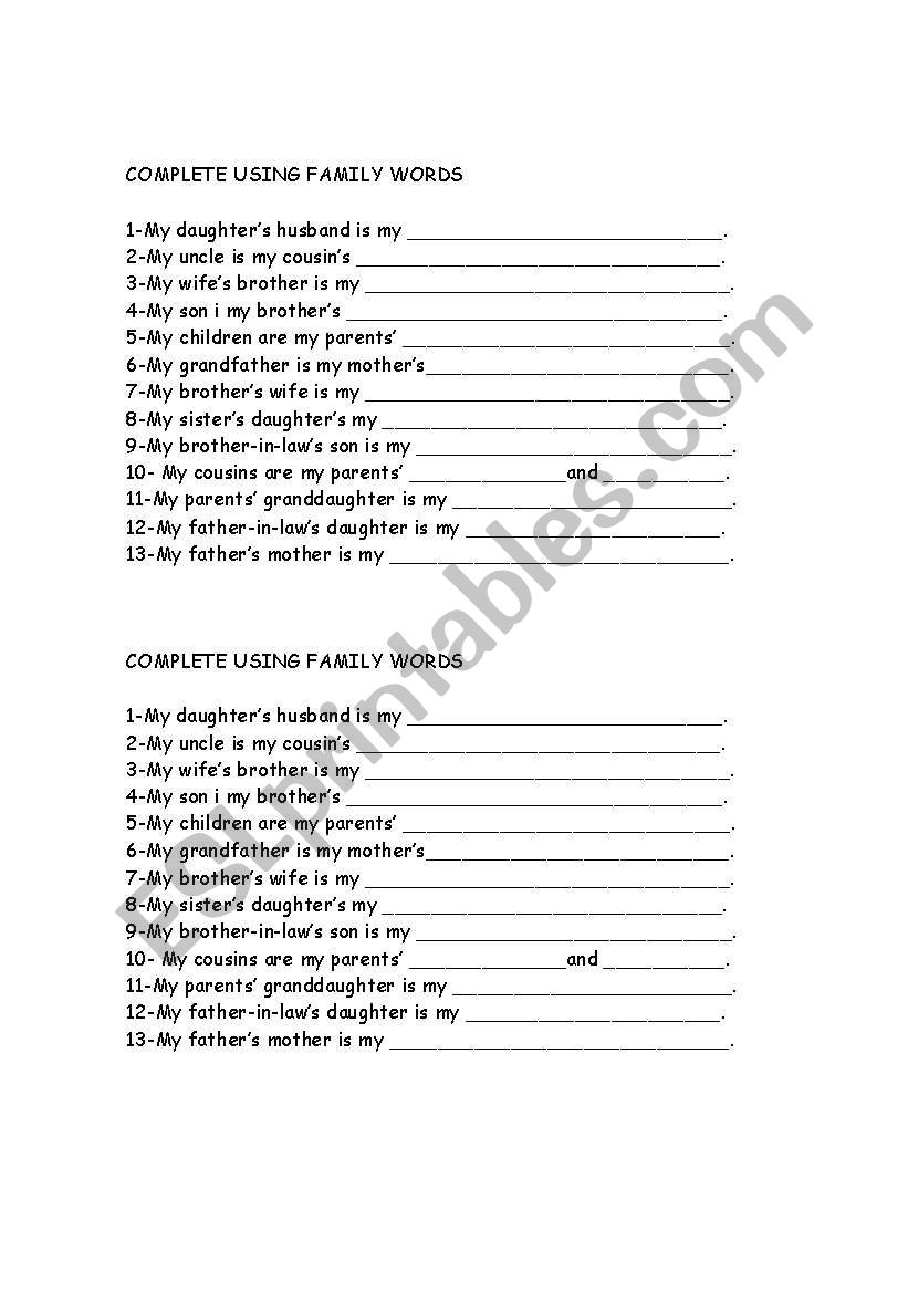 Family Words worksheet
