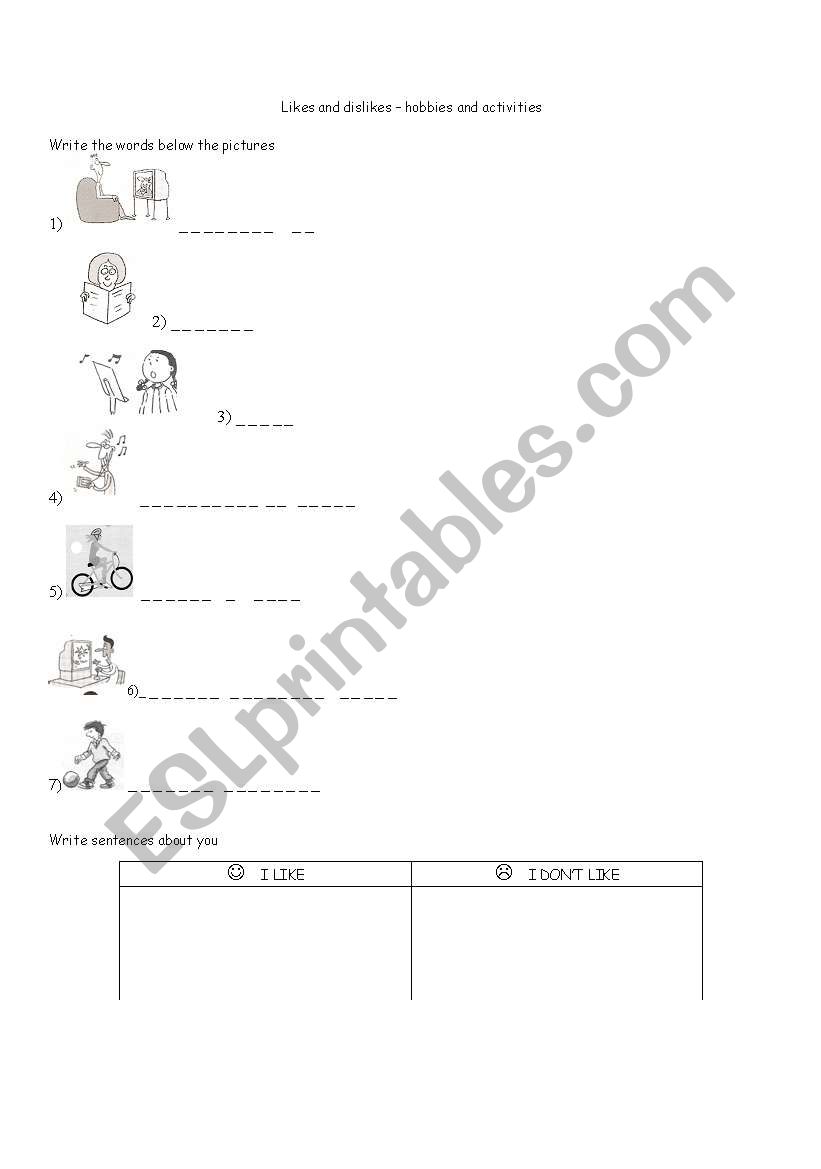 likes and dislikes - hobbies worksheet