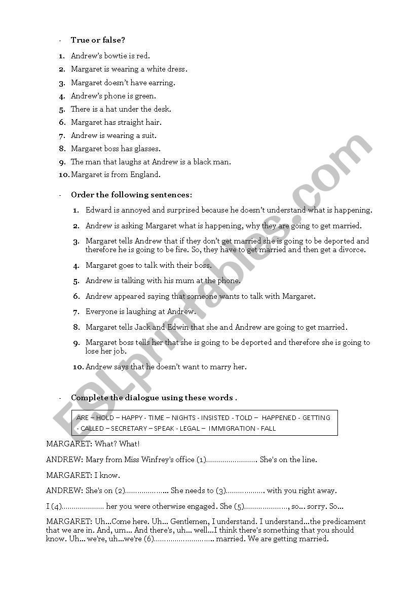 The proposal (movie) worksheet