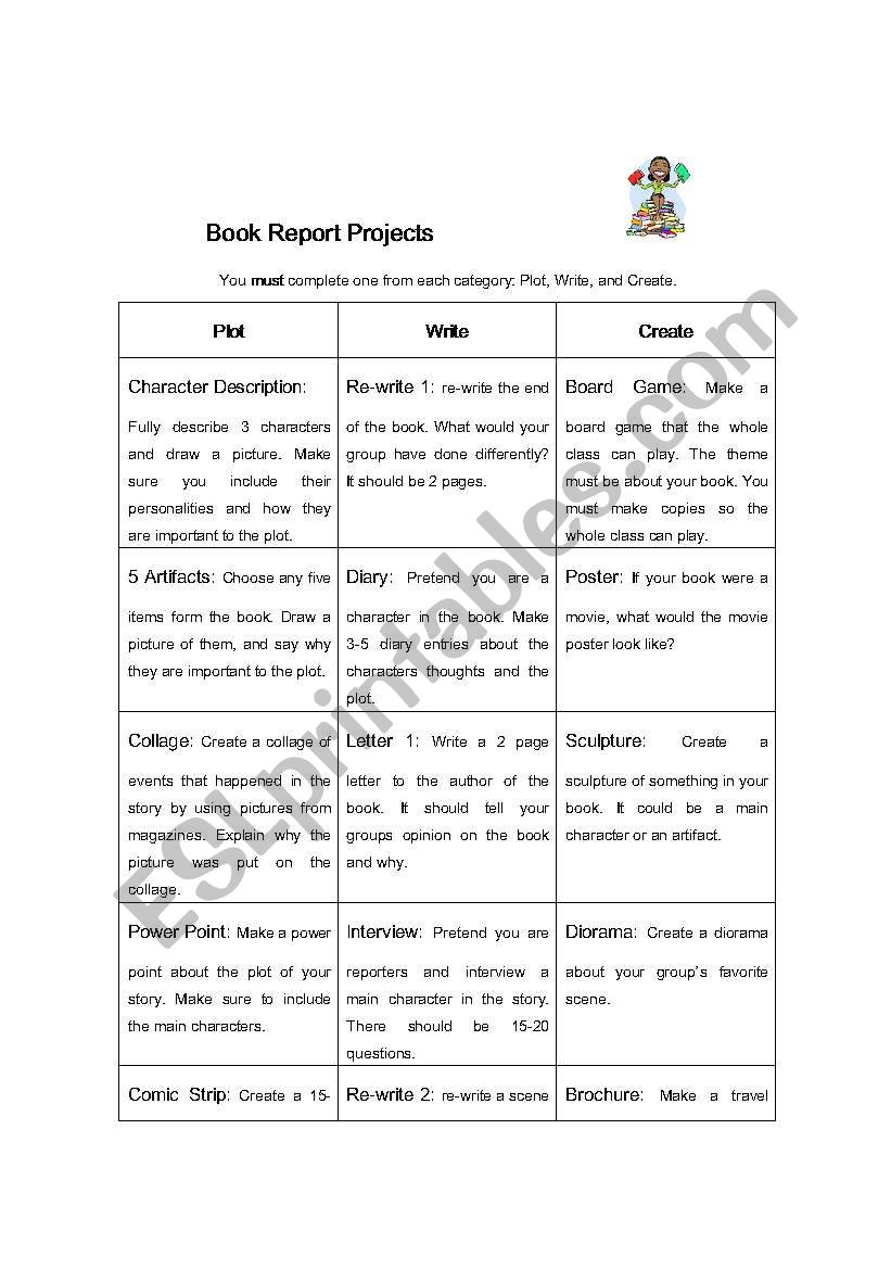 Book Report Projects worksheet