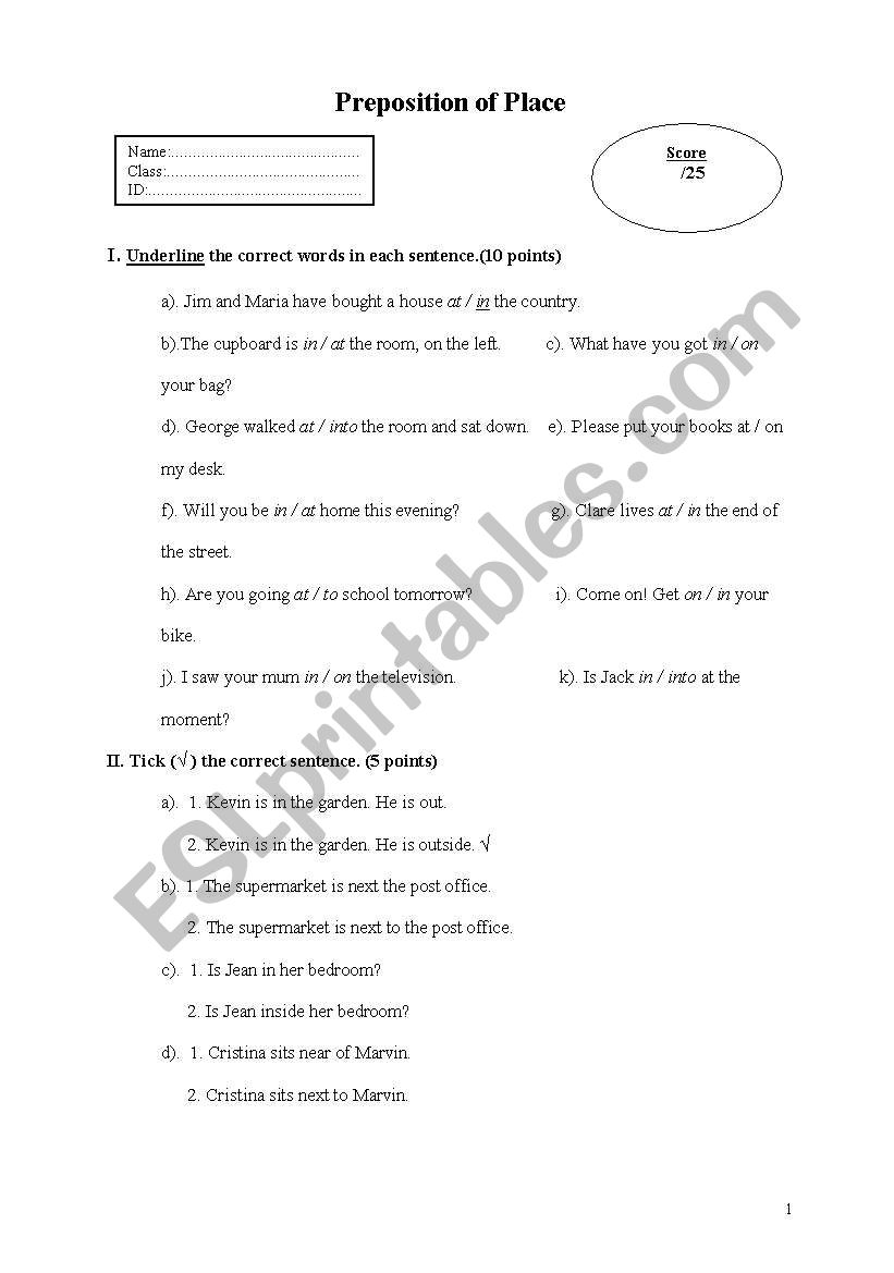 preposition of place worksheet