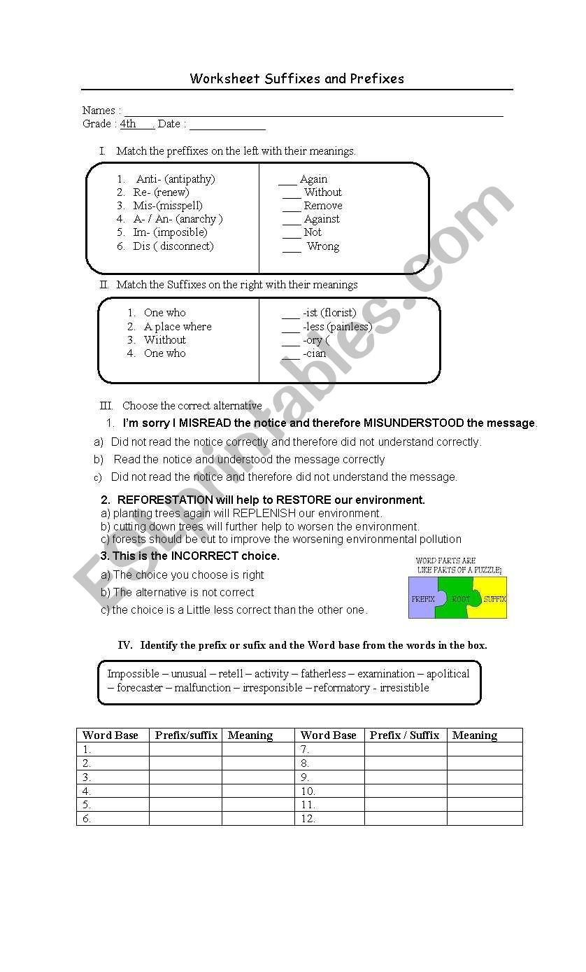 Exercises on suffixes and prefixes