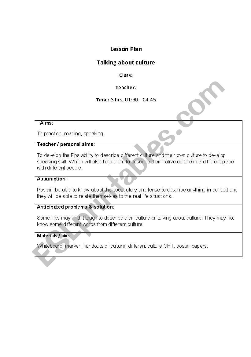 lesson plan on culture worksheet