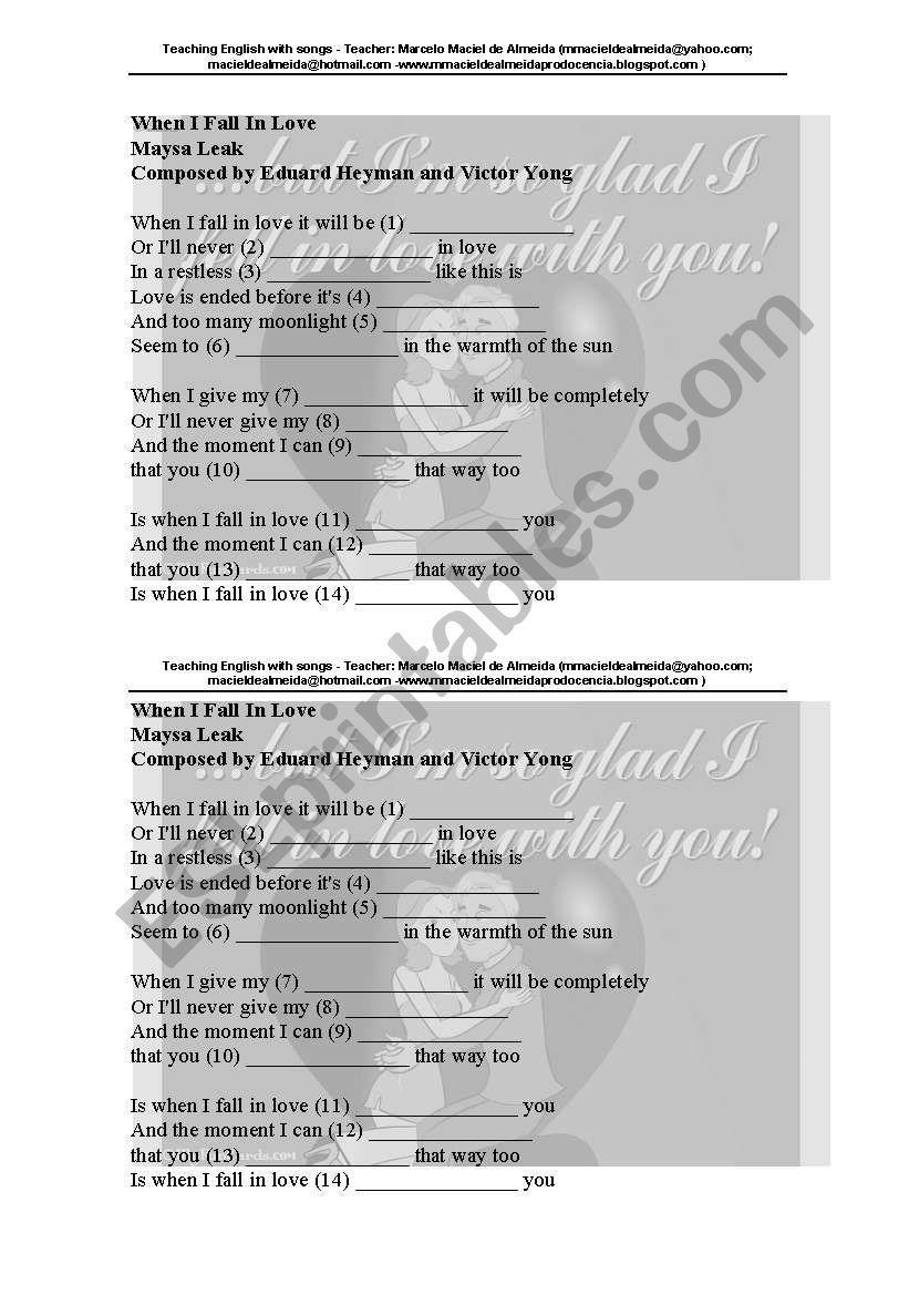 WHEN I FALL IN LOVE worksheet