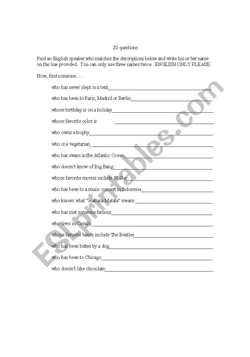 20 Introduction Questions worksheet