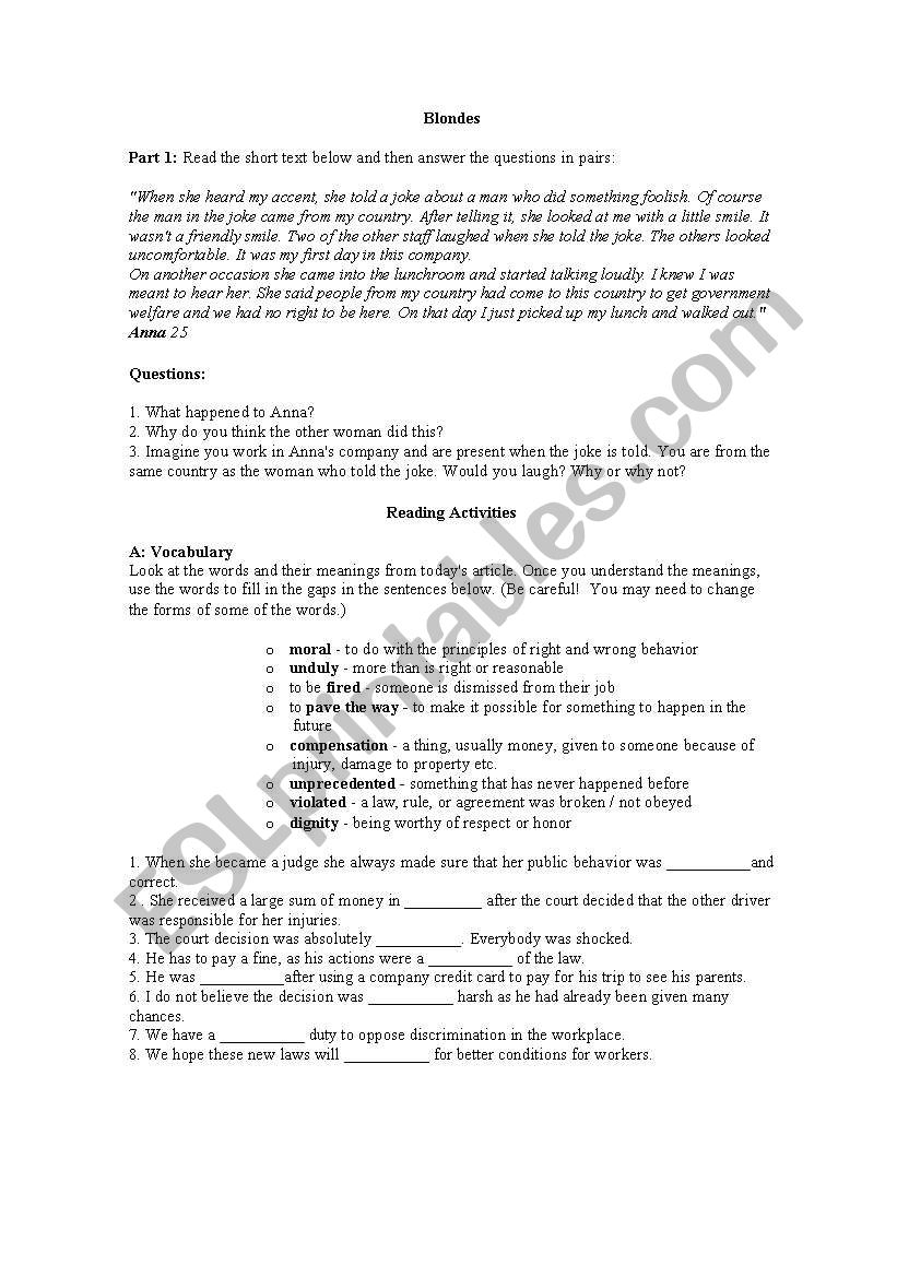 BLOND JOKES worksheet