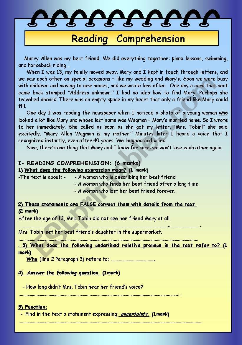 reading comprehension worksheet