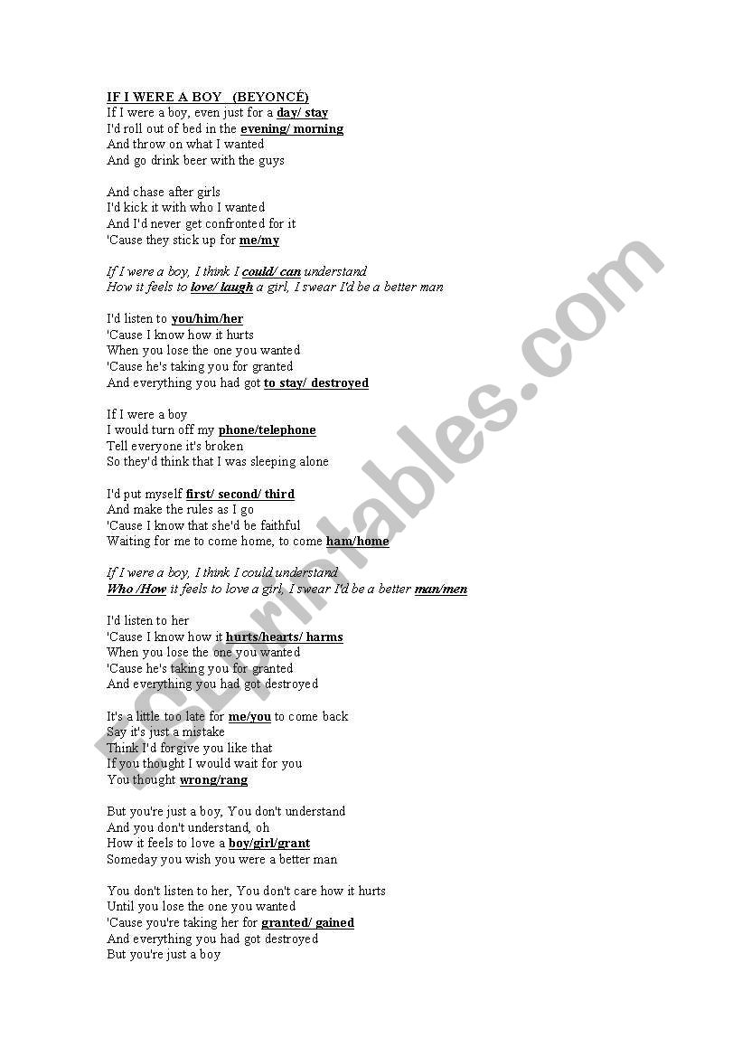 if I were a boy song worksheet