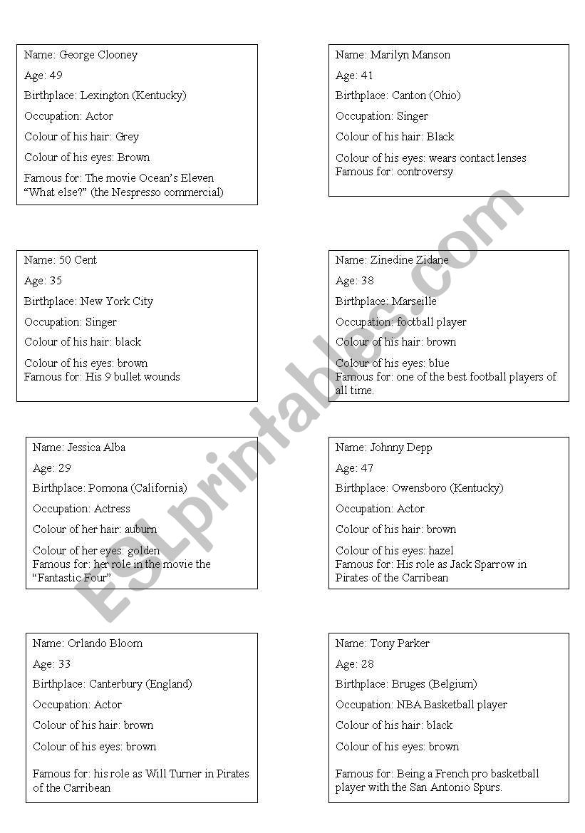 Celebrities biography cards worksheet
