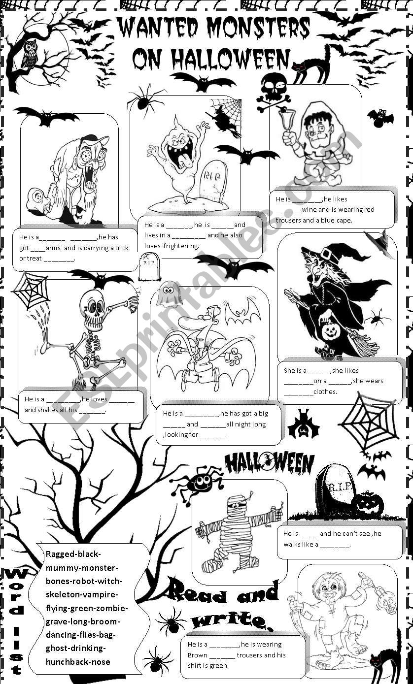 wanted monsters on halloween worksheet