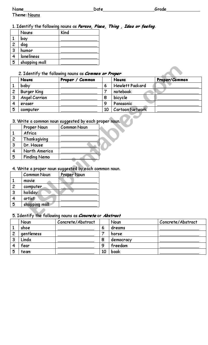 Nouns worksheet