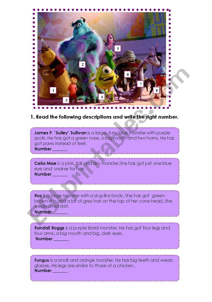 Monsters Inc. description worksheet