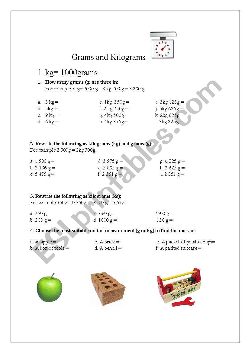 Weight - Grams and Kilograms worksheet