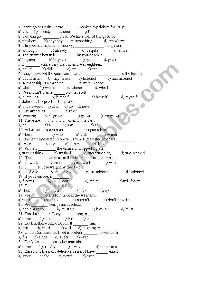 test for 10th classes worksheet