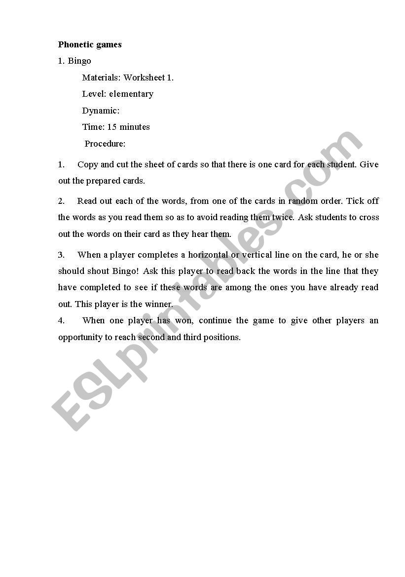 Phonetic games worksheet