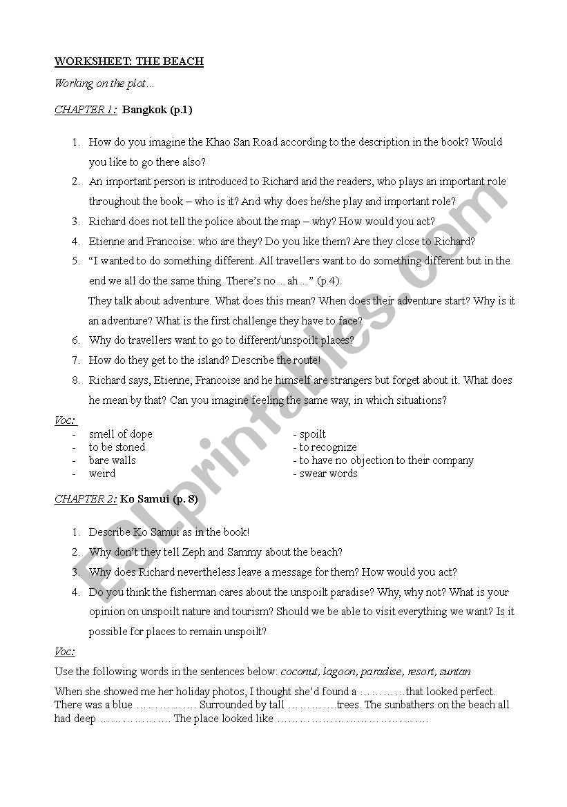worksheet-THE BEACH (alex garland) chapters 1 to 4
