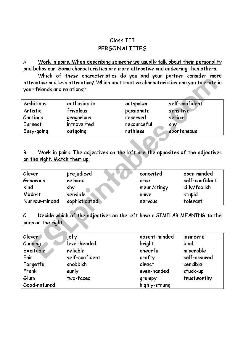 personality vocabulary worksheet