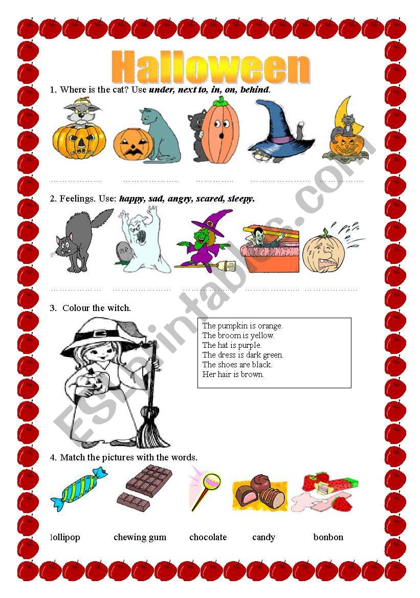 Halloween - prepositions, feelings, colouring, matching