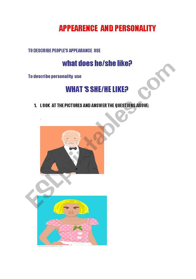 APPEARENCE AND PERSONALITY worksheet