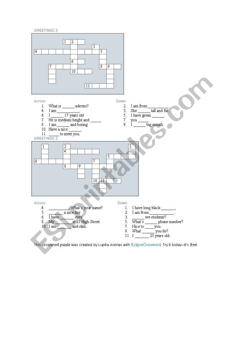 GREETINGS CROSSWORDS worksheet