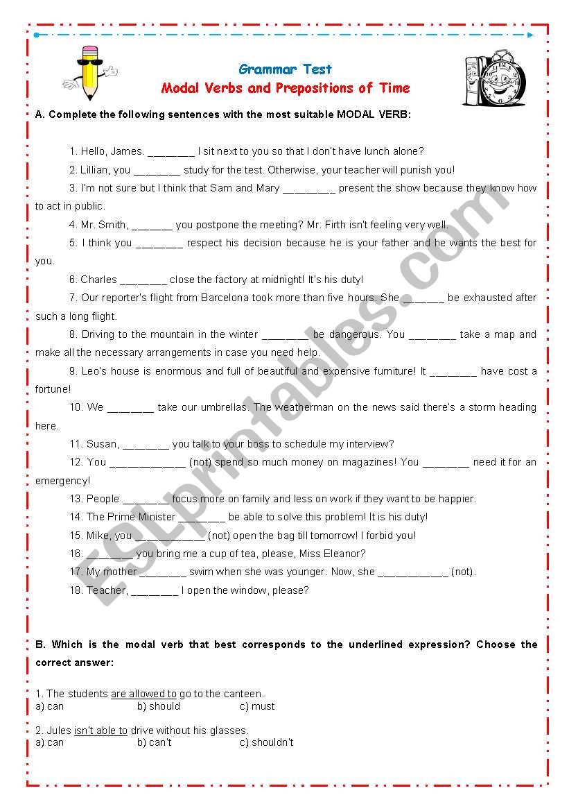 Grammar Test on modal verbs and prepositions of time