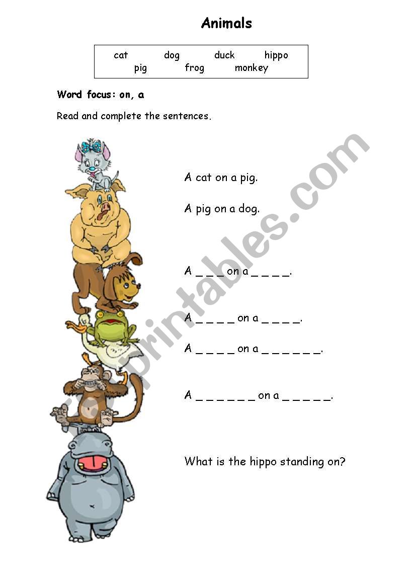 Preposition on the Animals worksheet