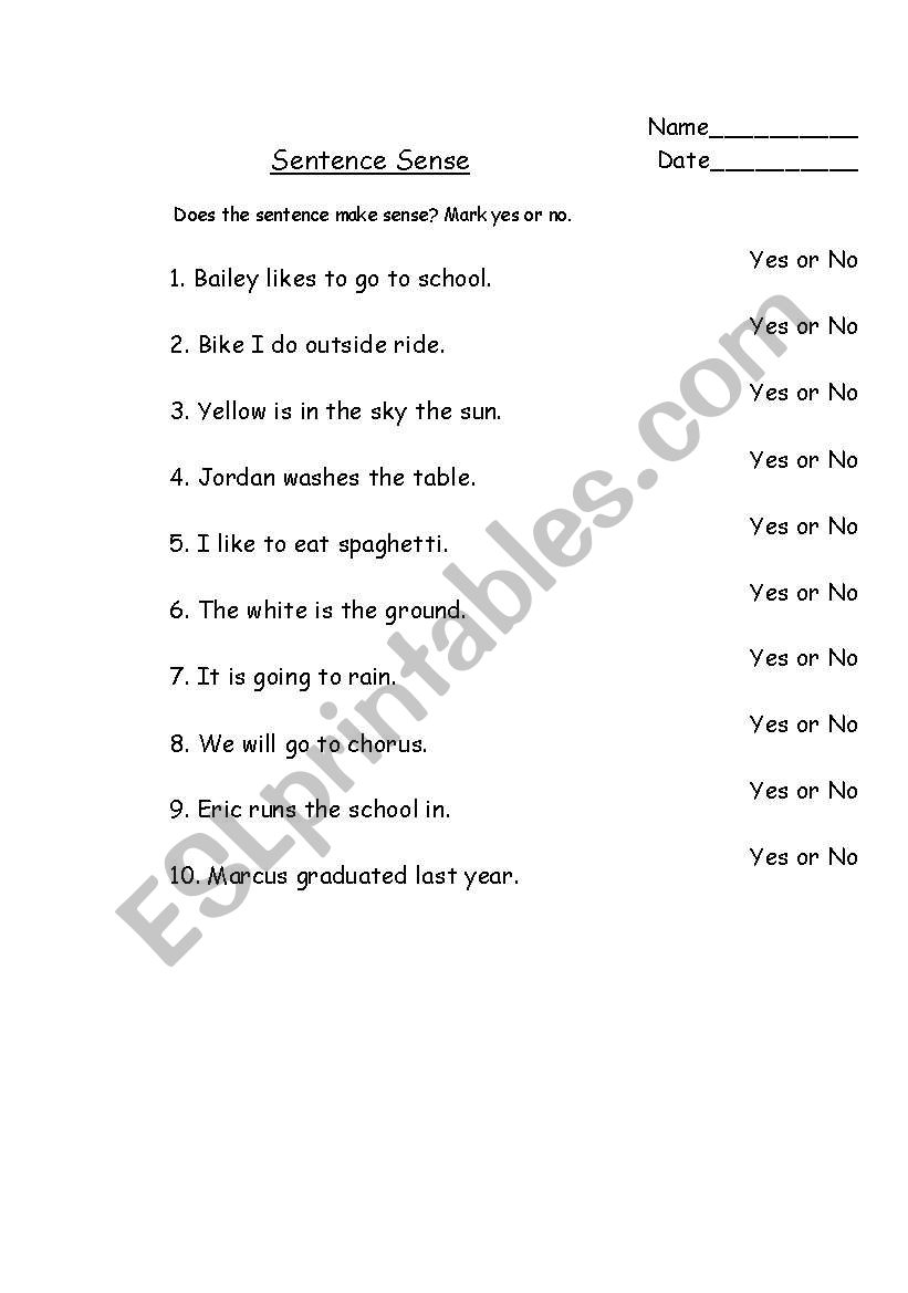 English Worksheets Sentence Sense