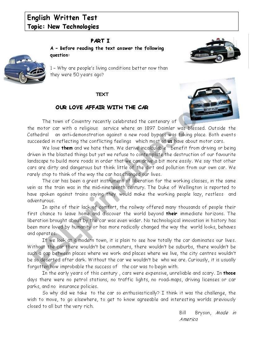 New Technologies - the car worksheet