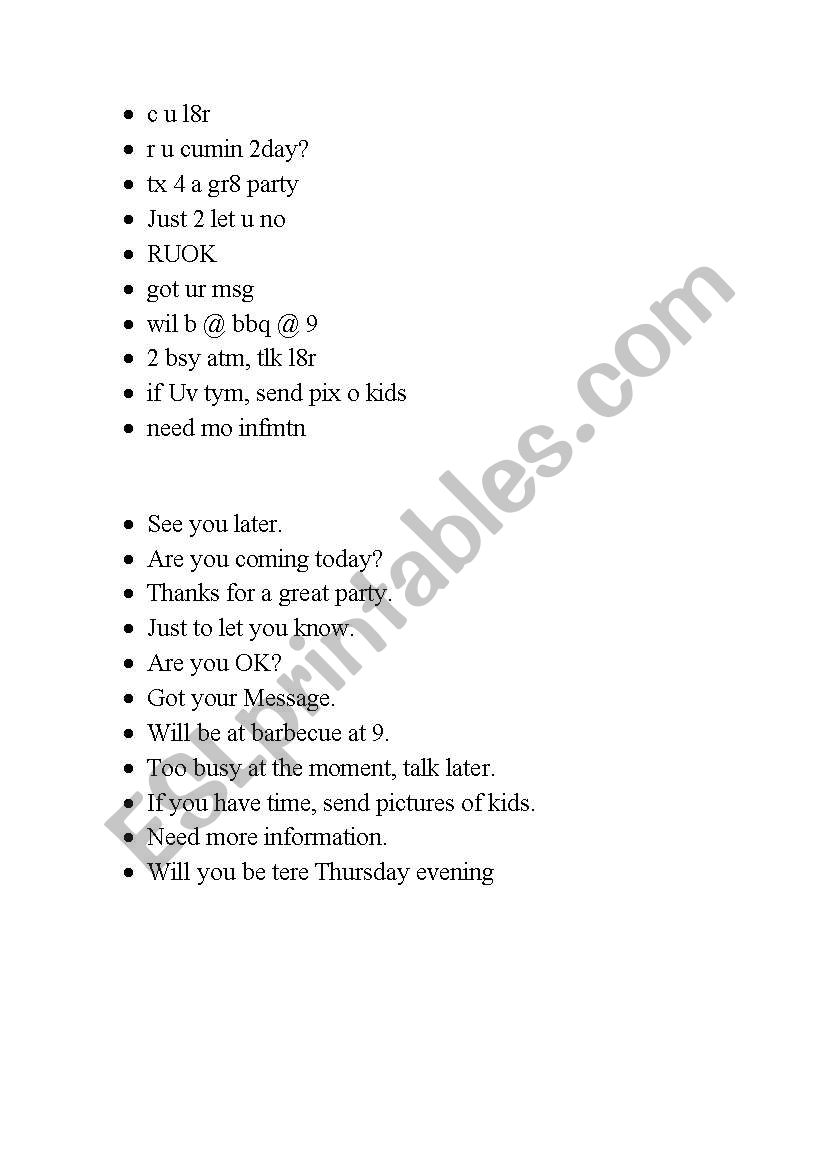 text messages abbreviations worksheet