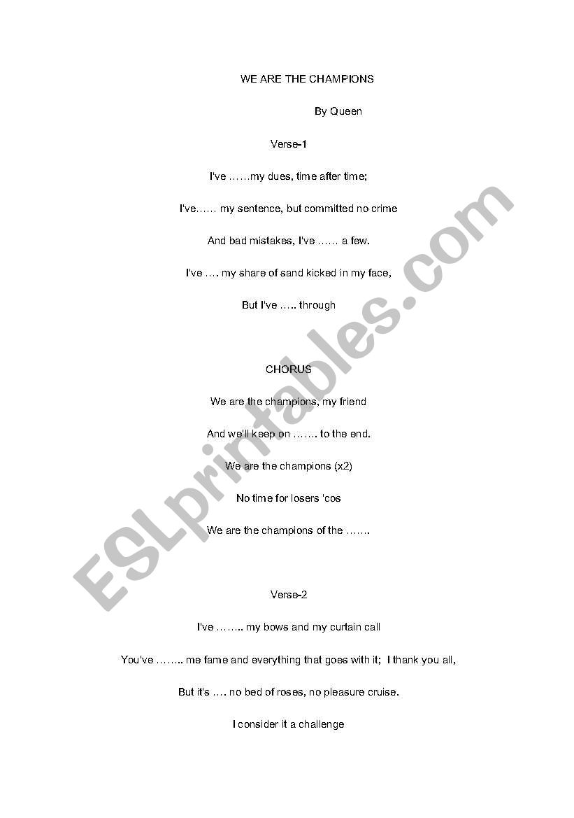 WE ARE THE CHAMPIONS -WORKSHEET