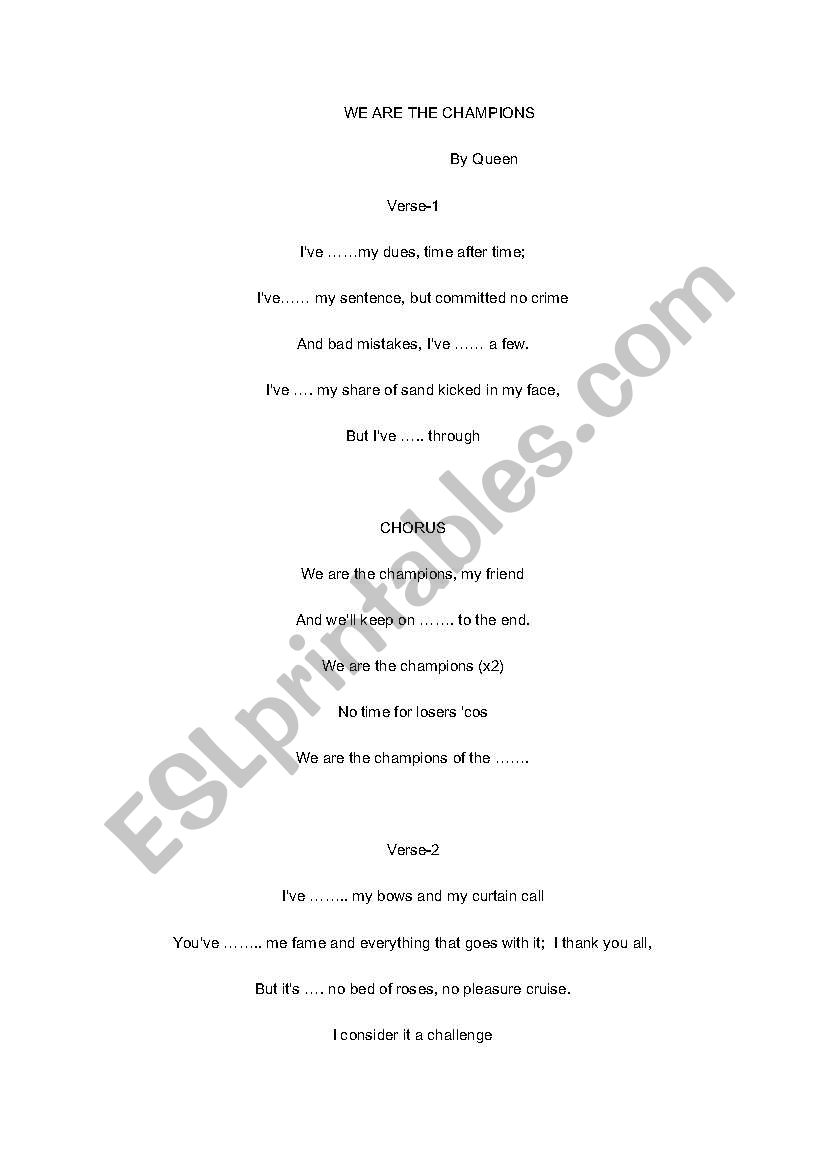 WE ARE THE CHAMPIONS -WORKSHEET