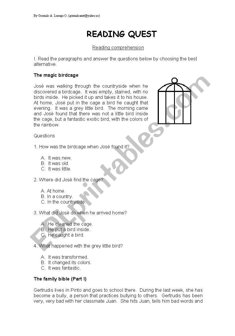 Reading quest worksheet