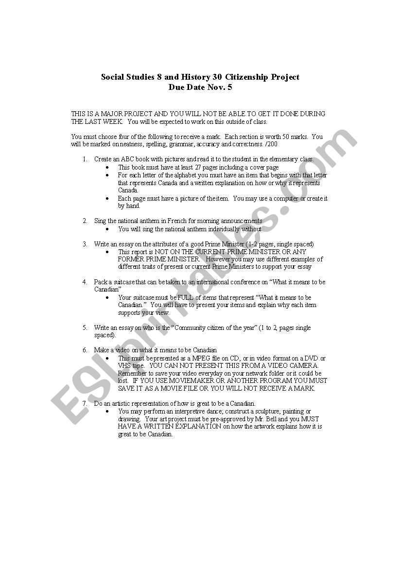Canadian Citizenship Project worksheet
