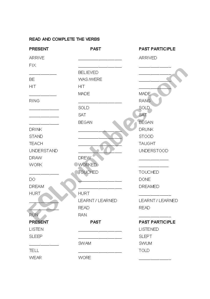 verbs worksheet