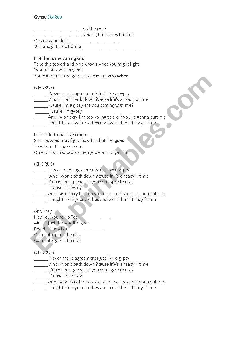 Gypsy Shakira worksheet