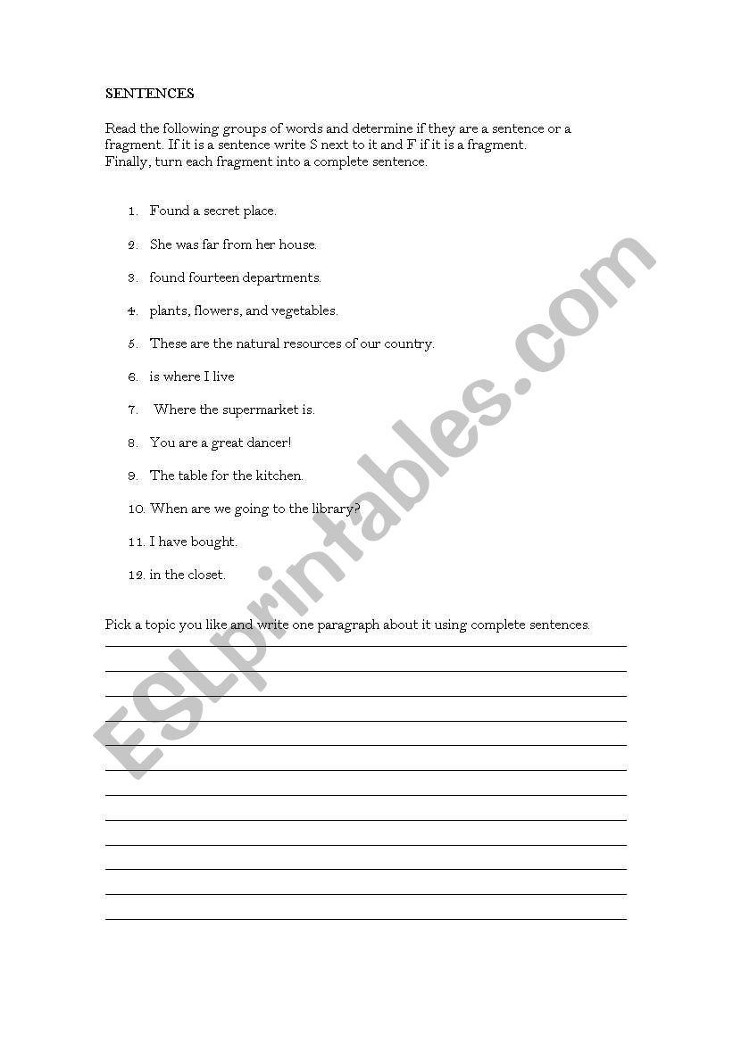 sentence or fragment worksheet