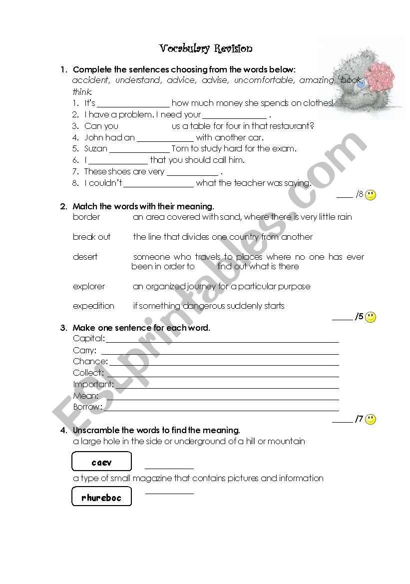 vocabulary revision worksheet