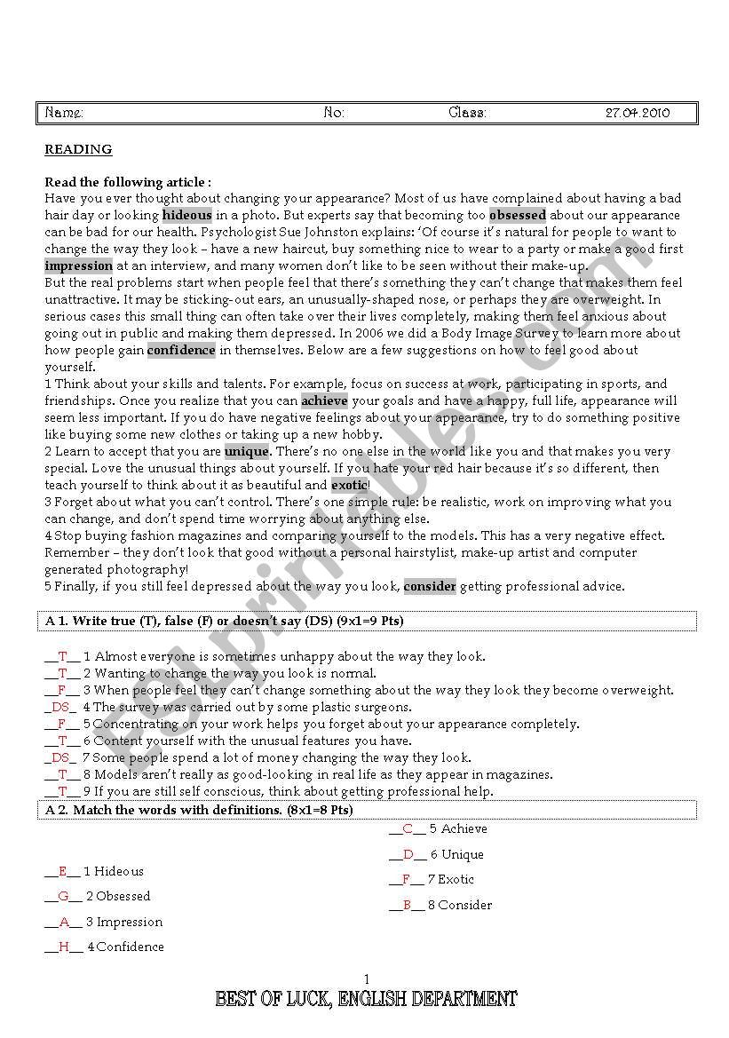 11th grades exam worksheet