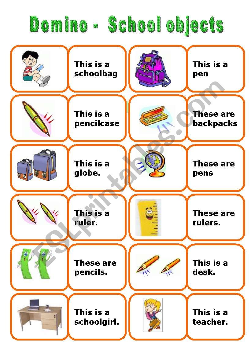 School Objects Domino - 3 pages