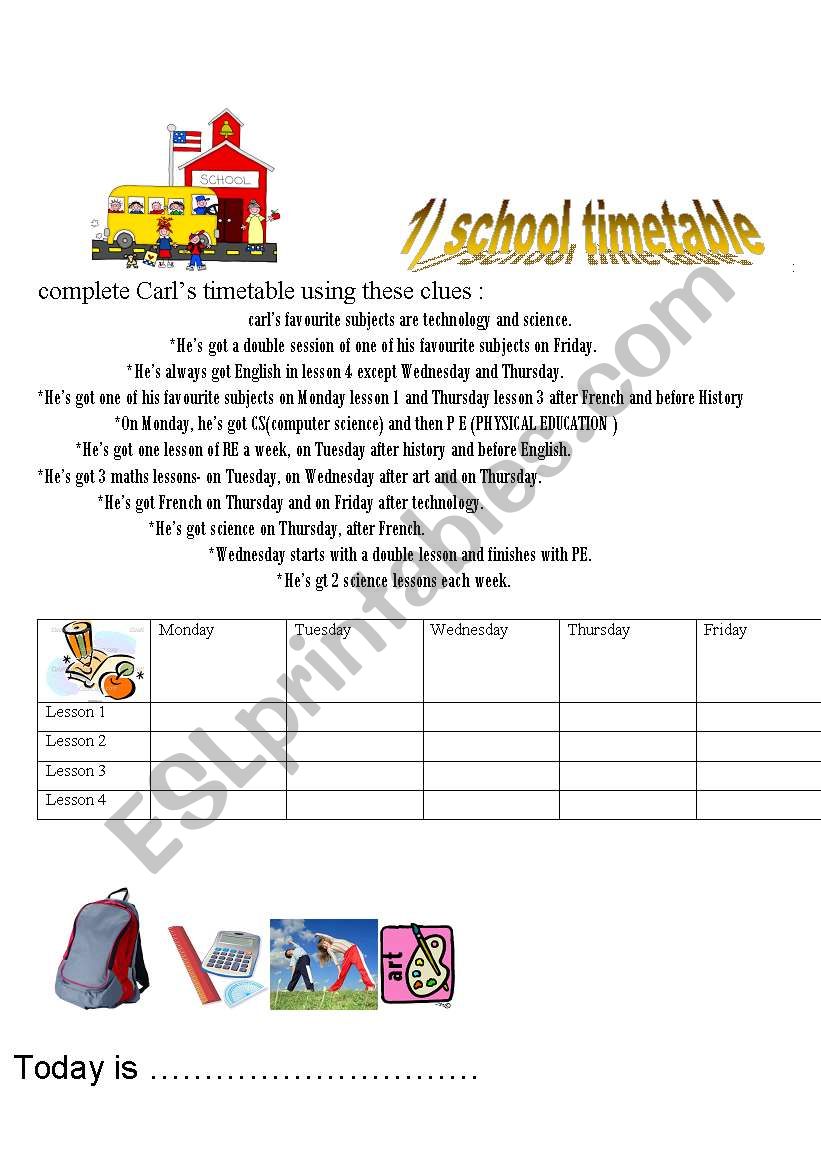 Carls school timetable worksheet