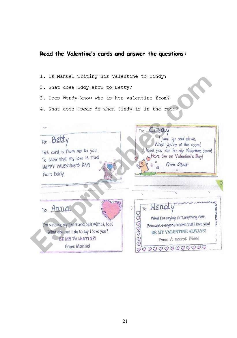 Valenties reading worksheet