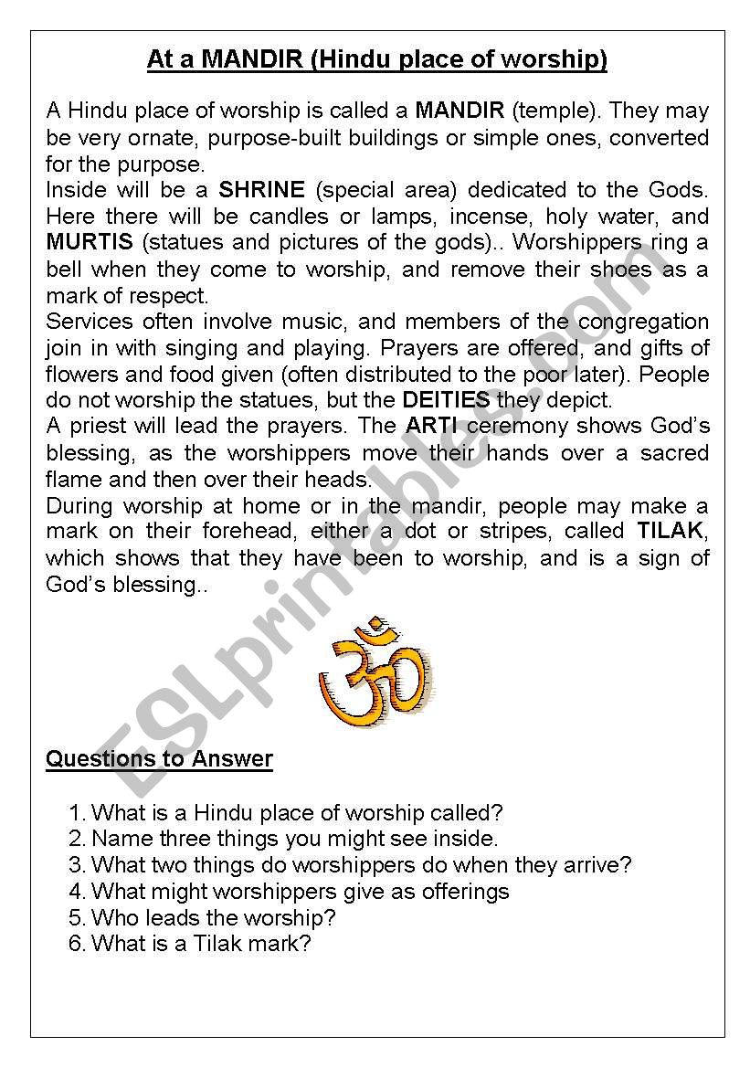 At a Hindu Mandir worksheet