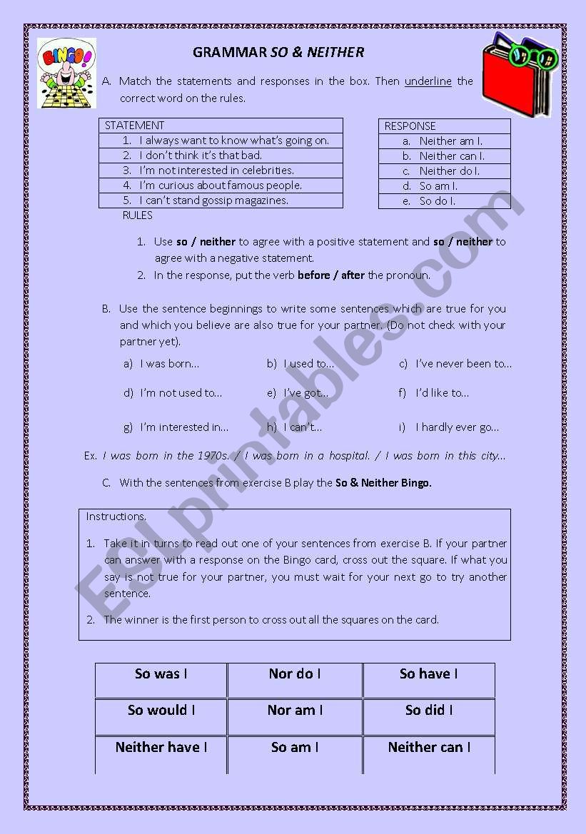 Bingo so & neither + grammar exercise