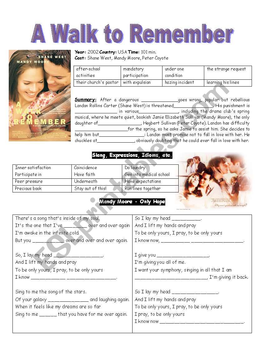 A Walk to Remember worksheet