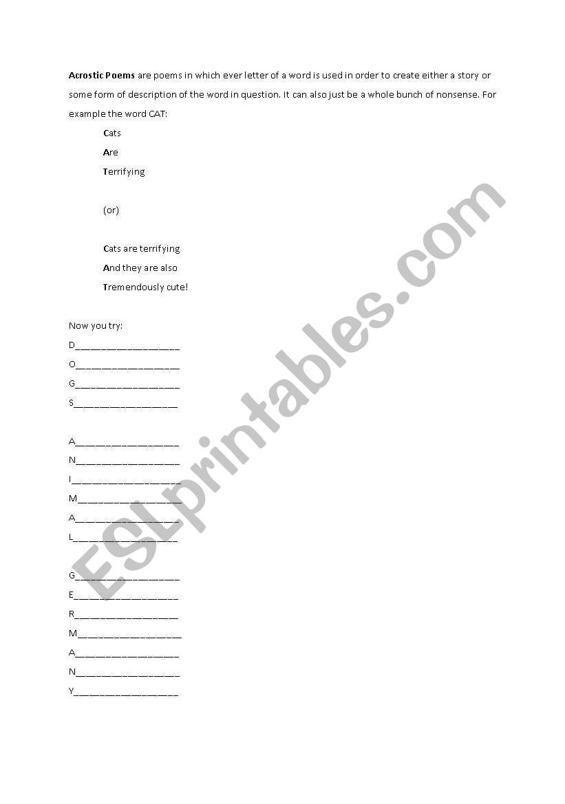 Acrostic Poems worksheet