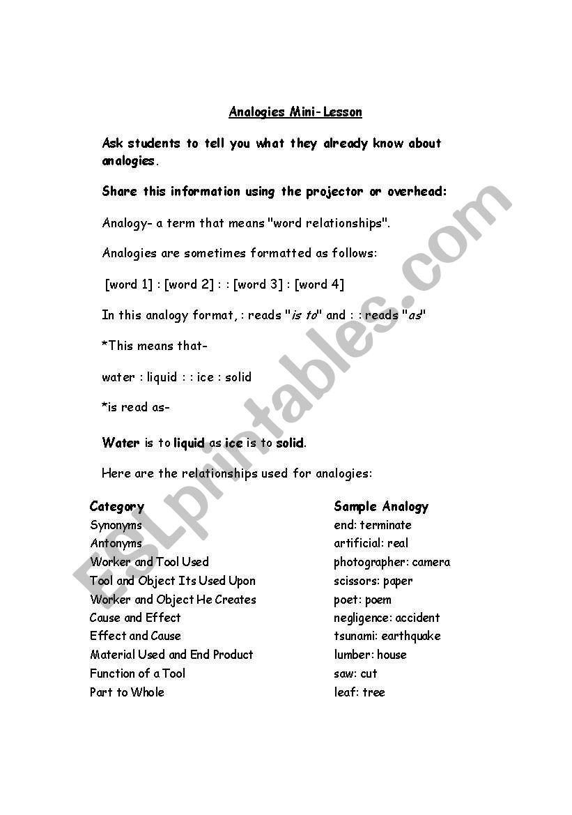 Analogies Mini-Lesson worksheet